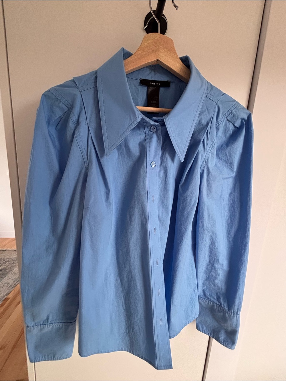 Smythe Light Blue Button-Front Blouse with Pointed Collar